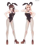  2girls adapted_costume animal_ears ass_visible_through_thighs bare_shoulders black_gloves black_neckwear black_ribbon blonde_hair blue_eyes bow bowtie braid brown_footwear brown_hair bunny_girl bunnysuit detached_collar fake_animal_ears fingerless_gloves full_body gloves hair_flaps hair_over_shoulder hair_ribbon high_heels kantai_collection kozu_(bloomme1_me) leotard long_hair looking_at_viewer multiple_girls necktie rabbit_ears red_eyes remodel_(kantai_collection) ribbon shigure_(kantai_collection) twitter_username yuudachi_(kantai_collection) 