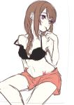  1girl alternate_hairstyle arm_at_side arm_up bangs black_bra bra breasts brown_eyes brown_hair d.va_(overwatch) facial_mark food hand_up highres kawaii_rowa long_hair medium_breasts overwatch pocky red_shorts shorts simple_background sitting solo strap_slip swept_bangs underwear whisker_markings white_background work_in_progress 