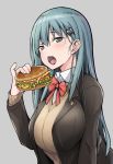  1girl aqua_eyes aqua_hair bangs beige_cardigan black_jacket bow breasts cardigan collared_shirt commentary eyebrows_visible_through_hair food grey_background hair_ornament hairclip hamburger holding holding_food jacket kantai_collection large_breasts long_hair looking_at_viewer open_cardigan open_clothes open_mouth red_bow satou_samu school_uniform shirt suzuya_(kantai_collection) white_shirt 