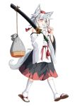  1girl :i animal_ear_fluff animal_ears bag black_skirt commentary dango detached_sleeves eating food full_body grey_hair hat highres holding holding_food inubashiri_momiji inuno_rakugaki katana over_shoulder red_eyes red_headwear sandals shirt short_hair simple_background skirt solo sword sword_over_shoulder tabi tail tassel tokin_hat touhou wagashi walking weapon weapon_over_shoulder white_background white_legwear white_shirt wide_sleeves wolf_ears wolf_tail 