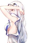 1girl arknights arm_up armpits bare_arms bare_shoulders breasts eyewear_on_head from_side hair_ornament highres leria_v long_hair looking_at_viewer looking_to_the_side medium_breasts profile red_eyes shirt simple_background skadi_(arknights) solo white_background white_hair white_shirt 