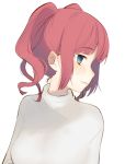  1girl arms_at_sides bangs blush breasts closed_mouth commentary_request grey_sweater kawaii_rowa looking_to_the_side medium_breasts mole mole_under_eye original profile redhead short_hair sidelocks simple_background solo sweater turtleneck turtleneck_sweater upper_body white_background 