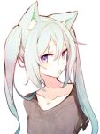  1girl animal_ears aqua_hair bangs black_shirt cat_ears chestnut_mouth commentary_request hair_between_eyes kawaii_rowa long_hair looking_at_viewer open_mouth original shirt simple_background solo upper_body very_long_hair white_background 