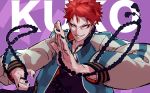  1boy beads black_nails chain character_name english_text fingernails grin highres hypnosis_mic jacket jewelry male_focus necklace open_clothes open_jacket parted_lips pinky_ring prayer_beads redhead ring smile solo teeth uedrk_yamato yellow_eyes 