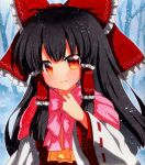  1girl bangs black_hair blue_background bow dress eyebrows_visible_through_hair forest hair_tubes hakurei_reimu hand_up long_hair long_sleeves looking_at_viewer multicolored multicolored_eyes nature open_mouth orange_eyes pink_bow pink_scarf qqqrinkappp red_bow red_dress red_eyes scarf shikishi smile solo touhou traditional_media tree white_sleeves yellow_eyes yellow_neckwear 
