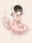  1girl animal_ears barefoot black_hair bunny_tail carrot_necklace dress eyebrows_visible_through_hair full_body grey_background hands_above_head hands_up highres inaba_tewi inazakura00 looking_at_viewer pink_dress rabbit_ears red_eyes red_ribbon ribbon simple_background smile solo tail touhou 