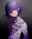  1boy arms_at_sides bangs black_background black_hair bleeding blood blood_on_face buttons checkered checkered_scarf commentary_request dangan_ronpa grey_background hair_between_eyes highres huyuharu0214 looking_at_viewer male_focus multicolored_hair new_dangan_ronpa_v3 ouma_kokichi pink_blood pink_hair purple_hair scarf signature smile solo straitjacket two-tone_background two-tone_hair violet_eyes 