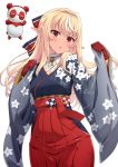  1girl bangs blonde_hair blush cowboy_shot dark_skin ekakuishikororo elf furisode gloves hakama_skirt high_ponytail highres hololive japanese_clothes kimono kintsuba_(flare_channel) long_hair looking_at_viewer open_mouth pointy_ears red_eyes red_gloves shiranui_flare simple_background solo virtual_youtuber white_background 