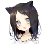  1girl :d animal_ears bangs black_straps blue_eyes blush cat_ears english_commentary fang head_tilt hood hood_down kawaii_rowa long_hair looking_at_viewer open_mouth original parted_bangs portrait simple_background slit_pupils smile solo spaghetti_strap white_background white_hoodie 