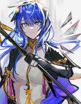  1girl 3o_c arknights black_gloves black_jacket blue_eyes blue_hair eyebrows_visible_through_hair gloves halo hand_up highres holding holding_staff horns jacket long_hair looking_at_viewer mostima_(arknights) shirt solo staff upper_body white_shirt wings 