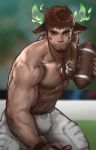  1boy abs animal_ears bangs bara beard body_hair brown_hair bulge chest chest_hair facial_hair feathers forked_eyebrows glowing_horns highres horns jang_ju_hyeon looking_at_viewer male_focus manly muscle native_american nipples pectorals rugby_ball shirtless simple_background smile solo sportswear thick_eyebrows thick_thighs thighs tokyo_houkago_summoners upper_body wakan_tanka 