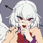  1girl arrow_(symbol) bow bowtie commentary_request feathered_wings fingernails grey_background grey_hair jacket kishin_sagume long_fingernails long_hair long_sleeves looking_at_viewer mazac purple_nails purple_shirt red_eyes red_neckwear shirt single_wing solo tongue tongue_out tongue_tattoo touhou upper_body wings 