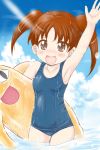  1girl azumanga_daioh blue_sky blue_swimsuit brown_eyes brown_hair chiyo_chichi clouds commentary_request cowboy_shot flat_chest highres inflatable_toy kurumaya_maa long_hair looking_at_viewer mihama_chiyo school_swimsuit sky solo swimsuit twintails water waving 