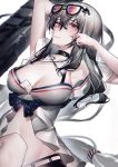  1girl absurdres alternate_costume arknights armpits bangs bare_shoulders breasts choker eyewear_on_head hair_between_eyes hair_ornament highres large_breasts long_hair looking_at_viewer lying on_back qiongniaofeiyu red_eyes shorts silver_hair skadi_(arknights) solo stomach sunglasses swimwear tearing_up very_long_hair whale_hair_ornament 