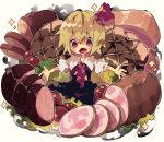  1girl black_dress blonde_hair blush_stickers commentary dress food hair_ribbon ham highres in_food looking_at_viewer nikorashi-ka open_mouth outstretched_arms oversized_food red_eyes red_neckwear red_ribbon ribbon rumia sharp_teeth shirt short_hair short_sleeves simple_background solo sparkle teeth tomato touhou white_background white_shirt 