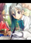  1boy 1girl admiral_(kantai_collection) blue_bow blue_hair blue_neckwear blurry blush bow bowtie closed_mouth collared_shirt curtains depth_of_field dress food fountain_pen fruit gloves gradient_hair hair_between_eyes hat highres indoors jewelry kantai_collection kawakami_rokkaku kiyoshimo_(kantai_collection) letterboxed long_hair long_sleeves multicolored_hair pen ring shirt silver_hair sleeveless sleeveless_dress smile solo_focus stamp table translated tray violet_eyes watermelon watermelon_seeds wedding_band white_gloves white_shirt window wing_collar writing 