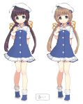  1girl blue_dress blue_footwear brown_hair concept_art dress eyebrows_visible_through_hair hand_up hat head_tilt hinatsuru_ai looking_at_viewer low_twintails multiple_views ryuuou_no_oshigoto! shirabi shoes smile socks twintails white_headwear white_legwear wristband 