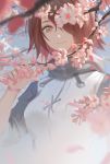  1girl absurdres arknights bangs cherry_blossoms commentary_request exusiai_(arknights) hair_over_one_eye hand_up highres jacket looking_at_viewer raglan_sleeves red_eyes redhead short_hair smile solo upper_body white_jacket youyi_(jiam009) 