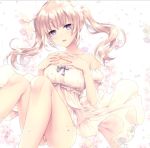  1girl alpha_(yukai_na_nakamatachi) babydoll blonde_hair bow collarbone floating_hair floral_background hands_on_own_chest long_hair open_mouth original panties solo twintails underwear violet_eyes white_babydoll 