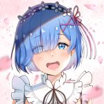  1girl artist_name bangs black_ribbon blue_eyes blue_hair blush breasts commentary_request crying crying_with_eyes_open eyebrows_visible_through_hair eyes_visible_through_hair face hair_ornament hair_over_one_eye hair_ribbon highres looking_at_viewer maid maid_headdress miunakun neck_ribbon petals pink_ribbon re:zero_kara_hajimeru_isekai_seikatsu rem_(re:zero) ribbon short_hair smile solo streaming_tears tears upper_teeth x_hair_ornament 