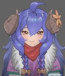  1girl :3 ahoge blue_hair blush bow closed_mouth face flower fur_trim grey_background hair_between_eyes hair_bow highres horn_flower horns kindred lamb_(league_of_legends) league_of_legends long_hair myomu orange_bow orange_flower red_eyes simple_background solo twitter_username upper_body 