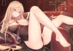  1girl anklet azur_lane bangs barefoot bismarck_(azur_lane) bismarck_(beacon_of_the_ironblood)_(azur_lane) black_dress black_gloves black_panties blue_eyes breasts closed_mouth commentary_request couch covered_nipples cross cross_earrings dress earrings elbow_gloves epaulettes fingerless_gloves gloves indoors iron_cross jewelry large_breasts long_hair panties pantyshot shiny shiny_hair shiny_skin sitting smile toes underwear vhumiku 
