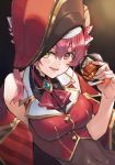 1girl absurdres alcohol bangs bare_shoulders blush breasts brooch buttons commentary_request cup hair_between_eyes hat heterochromia highres holding holding_cup hololive houshou_marine jewelry joker_(tomakin524) light long_hair looking_at_viewer navel off_shoulder open_mouth pirate pirate_hat red_eyes red_neckwear redhead shirt simple_background sleeveless sleeveless_shirt smile solo stomach upper_body virtual_youtuber whiskey yellow_eyes 