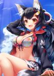  1girl absurdres aka_tomato_(user_saez2253) animal_ear_fluff animal_ears bangs bikini black_choker black_hair black_jacket breasts choker day fang front-tie_bikini front-tie_top hair_ornament hairclip highres hololive jacket light_rays long_hair long_sleeves looking_at_viewer medium_breasts multicolored_hair navel ookami_mio open_clothes open_jacket open_mouth outdoors redhead side-tie_bikini sitting sky smile solo streaked_hair swimsuit tail virtual_youtuber wolf_ears wolf_girl wolf_tail yellow_eyes zipper 
