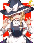  1girl alternate_eye_color apron artist_name blonde_hair bow braid claw_pose commentary_request cowboy_shot fangs frilled_apron frilled_hat frills hair_bow hair_ribbon hat hat_bow highres jill_07km juliet_sleeves kirisame_marisa long_sleeves looking_at_viewer paw_print puffy_sleeves red_eyes ribbon shadow single_braid sleeve_cuffs solo touhou turtleneck witch_hat 