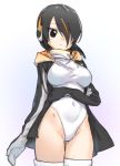  1girl black_hair black_jacket brown_eyes closed_mouth cowboy_shot emperor_penguin_(kemono_friends) headphones highleg highleg_leotard hood hood_down hooded_jacket jacket kawakami_rokkaku kemono_friends leotard looking_at_viewer multicolored_hair navel one_eye_covered open_clothes open_jacket solo standing streaked_hair thigh-highs white_background white_legwear white_leotard 