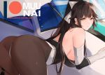  1girl ass azur_lane bangs bare_shoulders bent_over black_hair black_leotard blush bow breasts brown_eyes elbow_gloves gloves hair_flaps large_breasts leotard long_hair looking_at_viewer looking_back multicolored_leotard muunai pantyhose takao_(azur_lane) takao_(full_throttle_charmer)_(azur_lane) white_bow white_leotard 