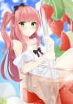  1girl absurdres bow brown_hair character_request copyright_request cup dress dress_bow food fruit green_eyes hair_bow highres holding in_container in_cup long_hair looking_at_viewer minigirl moe2020 shaketarako side_ponytail sitting smile solo strawberry white_dress 