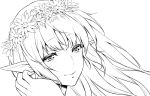  1girl blush closed_mouth daisy elf fingernails flower greyscale hair_flower hair_ornament head_wreath looking_at_viewer monochrome original pointy_ears shinti_(usagi_nagomu) smile solo usagi_nagomu white_background 