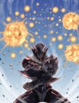 1boy akimaru armor blade blue_sky blurry blurry_background clouds cloudy_sky explosion explosive full_armor glowing glowing_eyes helmet highres male_focus outdoors parted_lips pauldrons pixiv_fantasia pixiv_fantasia_last_saga pose punching red_eyes shoulder_armor sky smile smirk solo standing steam weapon white_hair 