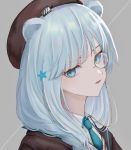  1girl absurdres animal_ears arknights bangs bear_ears beret blue_eyes blue_hair blue_neckwear brown_headwear commentary_request grey_background hair_ornament hat head_tilt highres istina_(arknights) looking_at_viewer monocle necktie parted_lips portrait simple_background solo star_(symbol) star_hair_ornament wozuya 