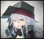  1girl black_border blurry blurry_background blurry_foreground border coat crying d: depth_of_field g11_(girls_frontline) girls_frontline green_coat grey_eyes grey_hair hat high_collar highres looking_at_viewer multicolored multicolored_eyes open_mouth solo tears waterkuma yellow_eyes 