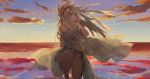  1girl animal_ears arknights bangs bare_shoulders clouds commentary eyebrows_visible_through_hair grey_hair hand_up koio long_hair looking_to_the_side outdoors platinum_(arknights) solo thighs 