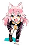  1girl all_fours animal_ears eyebrows_visible_through_hair fang loafers long_hair looking_at_viewer murenase!_shiiton_gakuen okami_ranka open_mouth orange_eyes pink_hair school_uniform serafuku shoes solo tonmoh white_background 