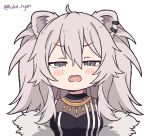  1girl ahoge animal_ears artist_name bangs black_shirt blush commentary_request eyebrows_visible_through_hair fangs fur-trimmed_jacket fur_trim grey_eyes grey_hair hair_between_eyes hololive jacket jewelry kukie-nyan lion_ears lion_girl long_hair looking_at_viewer necklace open_clothes open_mouth open_shirt shirt shishiro_botan sidelocks simple_background solo virtual_youtuber white_background 