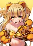  1girl :d animal_ears bangs bare_shoulders blonde_hair claws green_eyes idolmaster idolmaster_cinderella_girls jougasaki_rika kakaobataa lion_ears long_hair looking_at_viewer midriff open_mouth paws simple_background smile solo teeth tongue tongue_out two_side_up white_background 