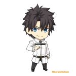  1boy bangs blue_eyes brown_hair chaldea_uniform chibi eyebrows_visible_through_hair fate/grand_order fate_(series) fujimaru_ritsuka_(male) full_body hair_between_eyes long_sleeves looking_at_viewer male_focus pants smile solo torakichi_(ebitendon) white_background 