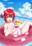  1girl bangs bikini bikini_skirt blue_sky bosutonii bracelet clouds collarbone eyebrows_visible_through_hair green_eyes hair_between_eyes highres holding holding_spoon innertube jewelry kurosawa_ruby layered_skirt love_live! love_live!_sunshine!! ocean off_shoulder open_mouth redhead shiny shiny_hair short_hair short_sleeves skirt sky solo sparkle spoon swimsuit white_bikini 