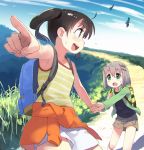  2girls :d :o ahoge arm_up armpits backlighting backpack bag bangs bare_arms beige_skirt bird blue_sky blurry blush_stickers brown_hair bush child chromatic_aberration clothes_around_waist clouds collarbone cowboy_shot day depth_of_field eye_contact eyebrows_visible_through_hair eyes_visible_through_hair film_grain fingernails flying_sweatdrops foreshortening from_side gradient_sky grass green_eyes green_jacket grey_hair hair_between_eyes hair_ornament hairclip hand_up hands_up highres holding_hands jacket jacket_around_waist kuraue_hinata leg_lift long_sleeves looking_at_another looking_to_the_side minawa multiple_girls nature open_clothes open_jacket open_mouth outdoors outline path pointing profile round_teeth scenery shiny shiny_hair short_hair shorts sideways_mouth skirt sky smile striped striped_tank_top sweat tank_top tareme teeth twintails upper_teeth violet_eyes walking white_outline white_shorts yama_no_susume yellow_tank_top yukimura_aoi 