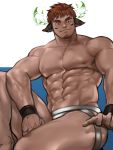  1boy abs animal_ears bangs bara beard body_hair brown_hair bulge chest chest_hair facial_hair feathers forked_eyebrows glowing_horns highres horns jang_ju_hyeon jockstrap looking_at_viewer male_focus male_underwear manly muscle native_american nipples pectorals shirtless simple_background smile thick_eyebrows thick_thighs thighs tokyo_houkago_summoners underwear upper_body wakan_tanka 