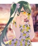  .live 1girl achiki bangs blurry blurry_background blush bow cowboy_shot depth_of_field dress earrings food_themed_earrings green_eyes green_hair hair_bow jewelry kagura_suzu_(.live) lemon_earrings lemon_print long_hair looking_at_viewer open_mouth orange-tinted_eyewear outdoors side_ponytail smile solo sunglasses sunset upper_body very_long_hair virtual_youtuber white_bow white_dress 