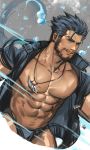  1boy abs absurdres bara beard blue_eyes blue_hair body_hair bulge chest chest_hair facial_hair highres jang_ju_hyeon looking_at_viewer male_focus male_swimwear manly muscle navel nipples pectorals shirtless simple_background smile solo swim_briefs swimwear thick_thighs thighs tokyo_houkago_summoners triton_(tokyo_houkago_summoners) upper_body water 