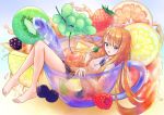  1girl barefoot bird blackberry_(fruit) blue_eyes blueberry cherry cup drinking_glass feet food fruit grapes highres in_container in_cup kiwi lemon long_hair mint orange orange_hair original pineapple_slice raspberry rgrey00 school_uniform shirt skirt strawberry wet wet_clothes wet_shirt wet_skirt 