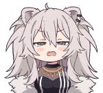  1girl ahoge animal_ears bangs black_shirt blush commentary_request eyebrows_visible_through_hair fangs fur-trimmed_jacket fur_trim grey_eyes grey_hair hair_between_eyes hololive jacket jewelry kukie-nyan lion_ears lion_girl long_hair looking_at_viewer necklace open_clothes open_mouth open_shirt shirt shishiro_botan sidelocks solo transparent_background virtual_youtuber 