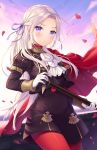  1girl :&lt; bangs black_dress black_jacket brick_wall cape closed_mouth commentary dress edelgard_von_hresvelg eyebrows_visible_through_hair fire_emblem fire_emblem:_three_houses forehead gloves hair_ribbon highres holding jacket long_hair long_sleeves looking_at_viewer moorina open_clothes open_jacket outdoors pantyhose parted_bangs petals puffy_short_sleeves puffy_sleeves purple_ribbon red_cape red_legwear ribbon short_over_long_sleeves short_sleeves silver_hair solo sunset very_long_hair violet_eyes white_gloves 