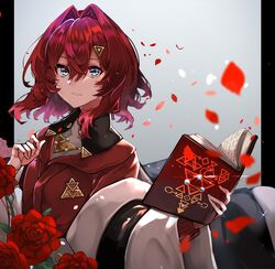  1girl absurdres ange_katrina blue_eyes book floating_hair flower highres holding holding_book looking_at_viewer lunateelf nijisanji red_flower red_rose redhead rose short_hair solo triangle_hair_ornament 